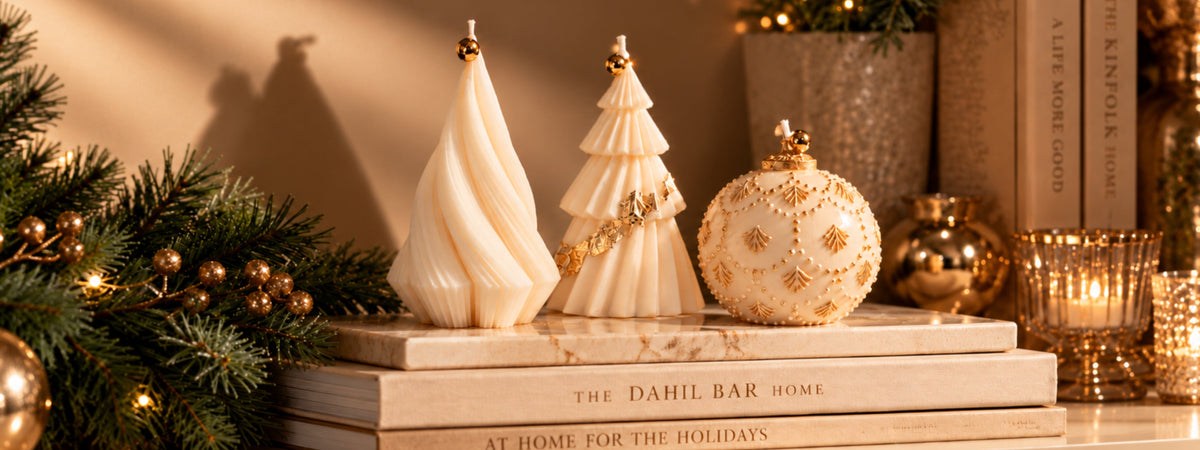 Three ivory sculptural Christmas candles with gold accents styled on stacked Dahil Bar books with evergreen branches and warm holiday lights.