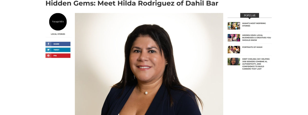 VoyageMIA Hidden Gems feature highlighting Hilda Rodriguez, founder of Dahil Bar, in a portrait accompanying her Miami entrepreneur interview.