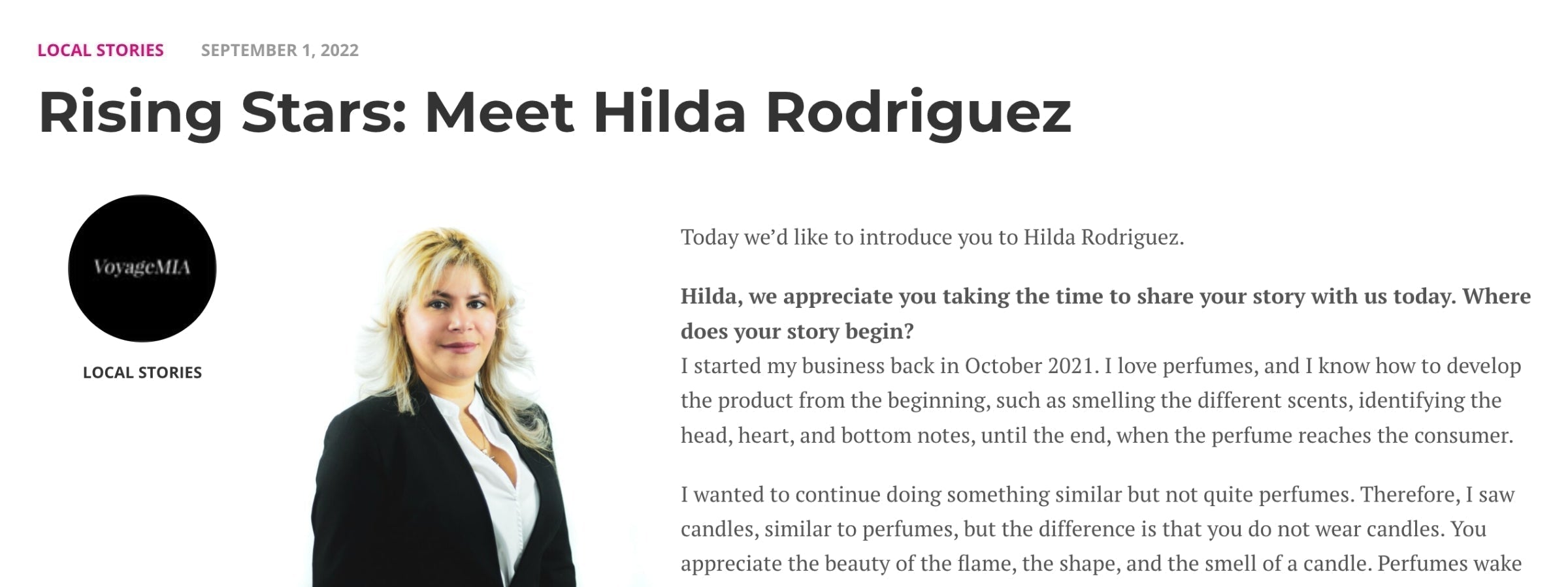 A VoyageMIA article titled "Rising Stars: Meet Hilda Rodriguez," featuring her journey from perfumery to candle-making. It includes a headshot of Hilda, a black VoyageMIA logo, and an interview discussing her passion for scents.