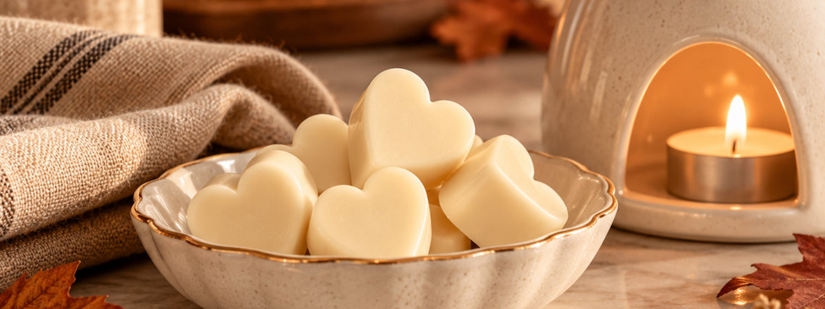Heart-shaped wax melts in a ceramic dish beside a lit wax warmer with soft autumn accents.