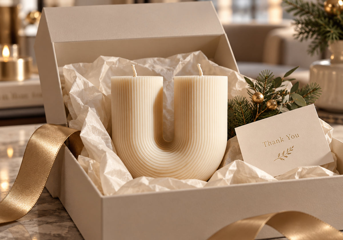 Ivory sculptural candle presented in a cream gift box with tissue paper, gold ribbon, evergreen accents, and a thank-you card.