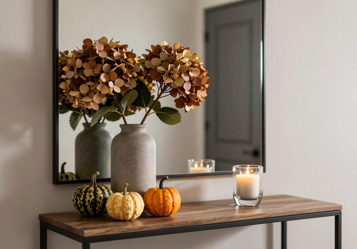 Fall entryway styled with hydrangeas, mini pumpkins, and a lit candle on a wood console beneath a large mirror.