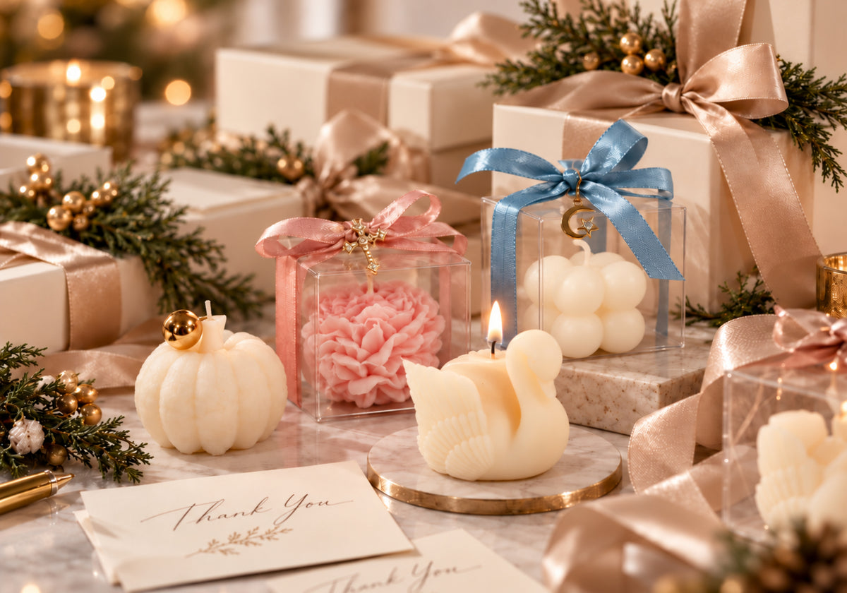 Sculptural candles and packaged candle gifts styled with thank-you cards, satin ribbon, evergreen branches, and elegant holiday gift boxes.