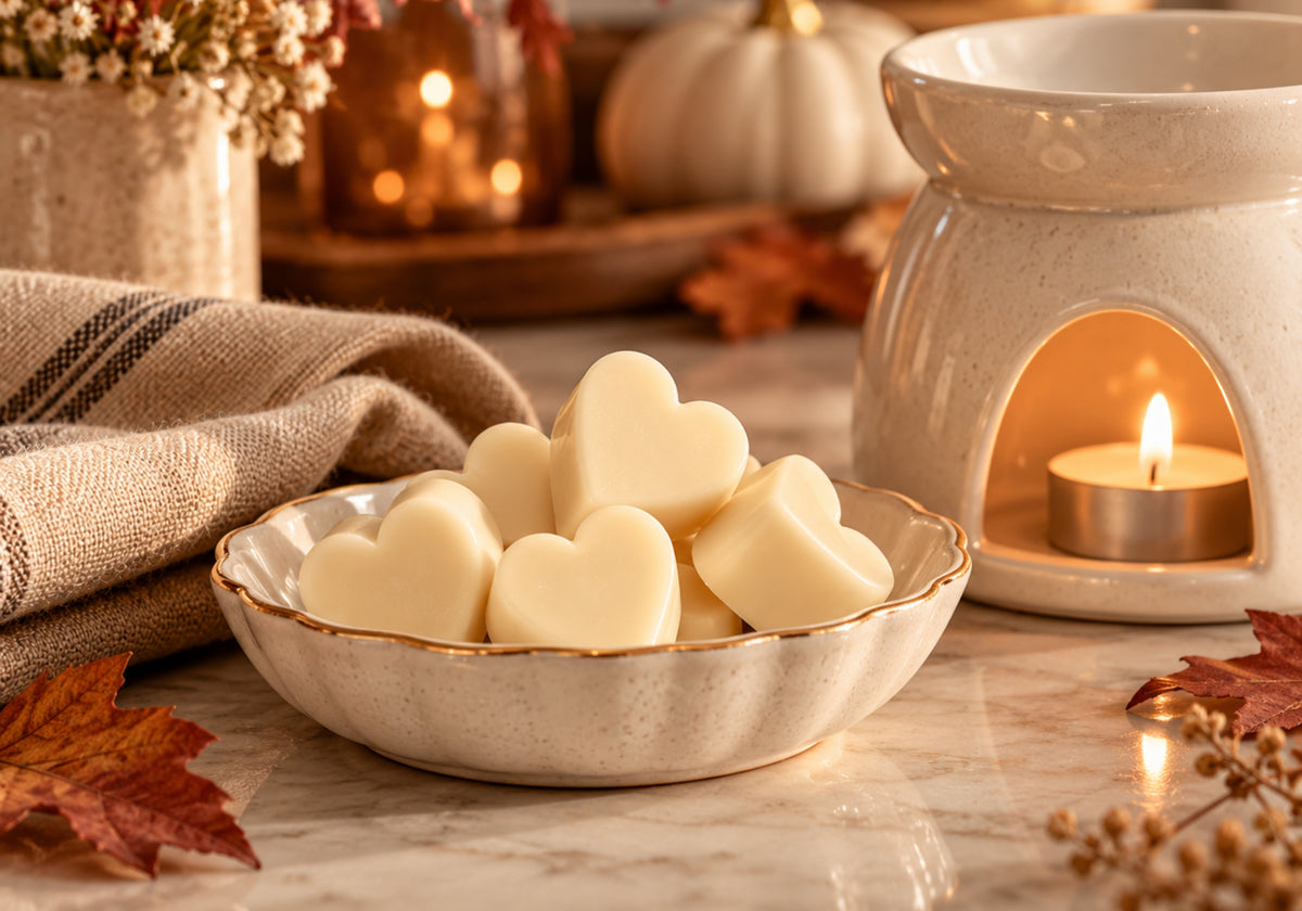 Heart-shaped wax melts in a ceramic dish beside a lit wax warmer with soft autumn accents.