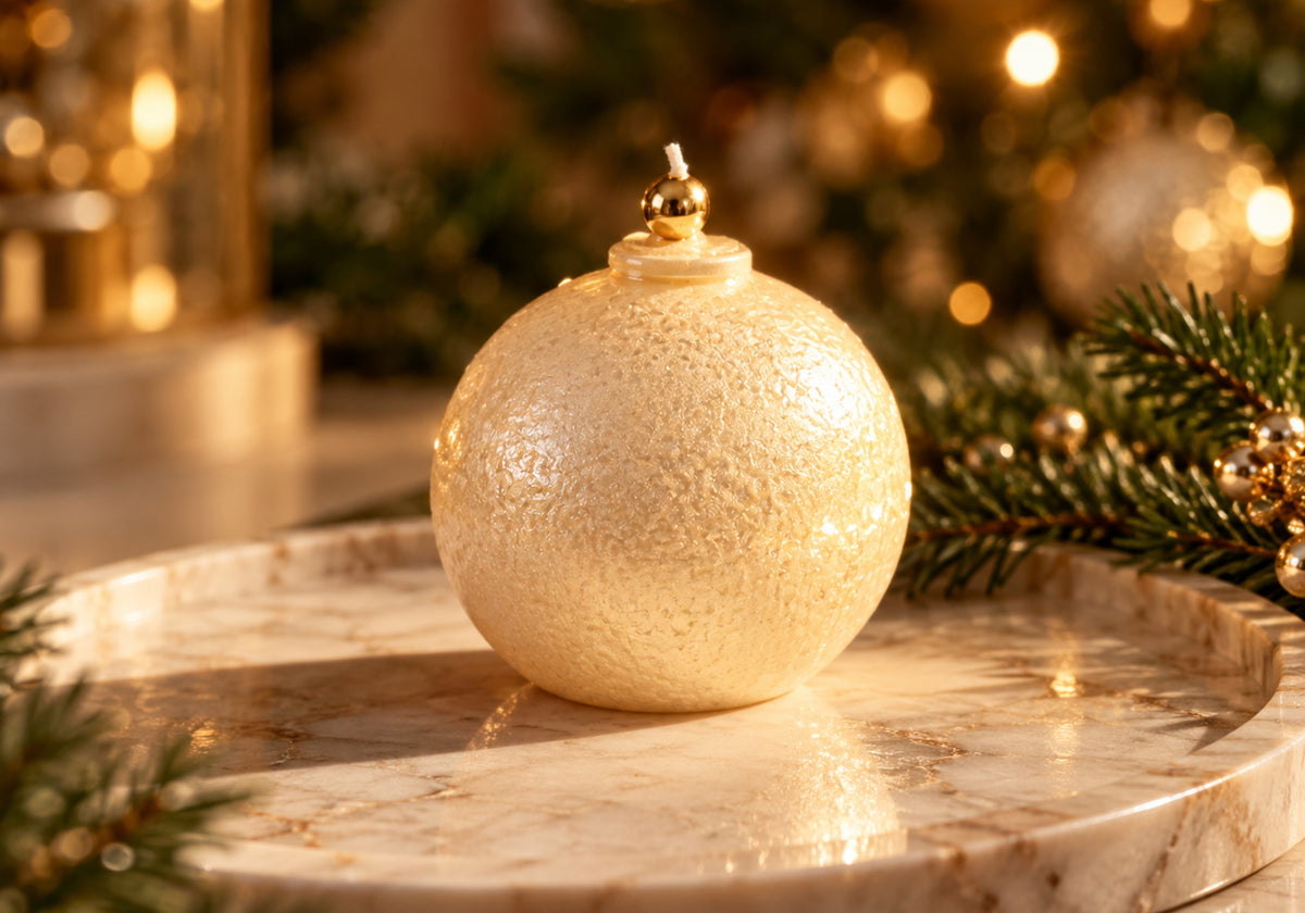 Pearl ornament-shaped candle displayed on a round marble tray with evergreen sprigs and soft golden Christmas lights in the background.