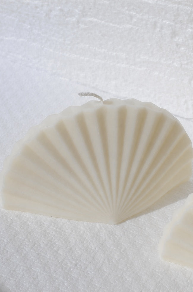 Fanto Candle: cream shell-shaped sculptural candle with ribbed texture and visible wick on a soft white textured background, minimalist luxury product photography