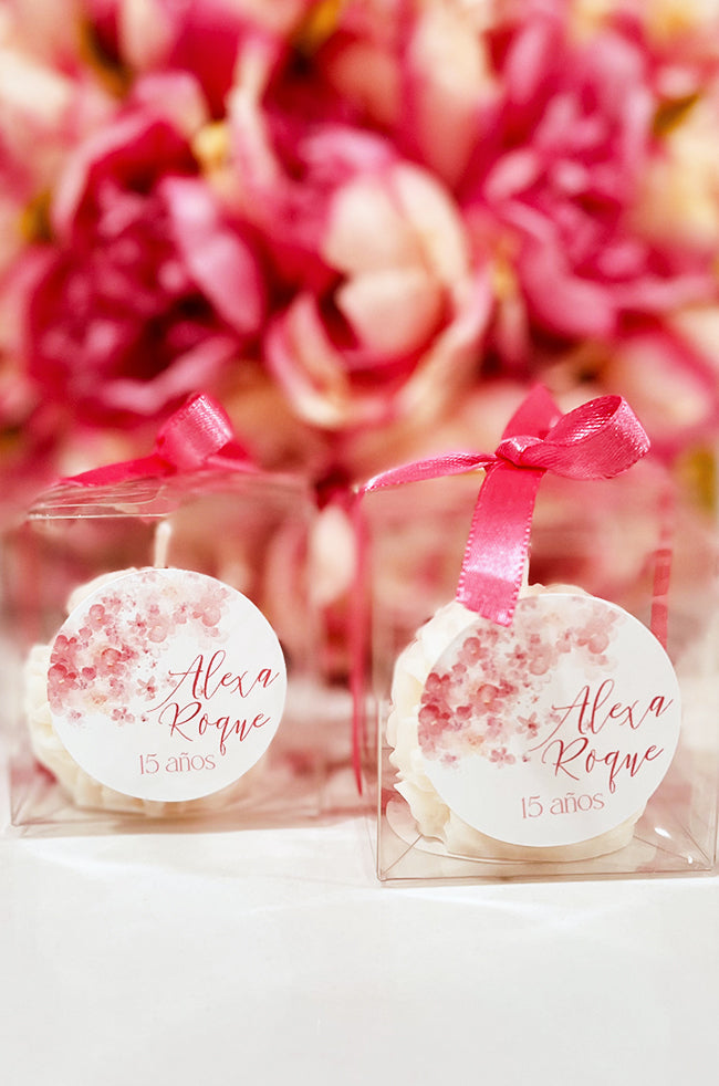 Mini Bloom Gifted Candle: Personalized Mini Bloom candles with floral label for quinceañera favors.