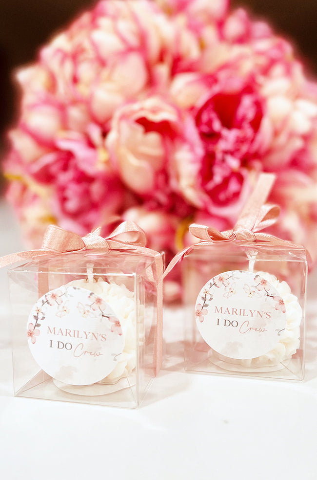 Mini Bloom Gifted Candle: Custom Mini Bloom candles labeled “I Do Crew” for bridal party gifts.