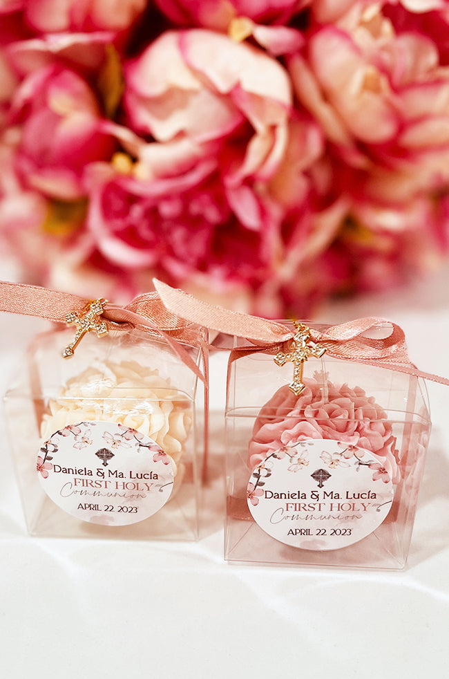 Mini Bloom Gifted Candle: Pink and white Mini Bloom candles personalized for First Communion favors.
