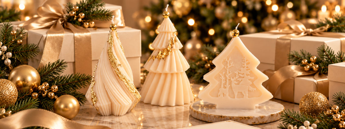 Three ivory sculptural Christmas tree candles with gold accents styled beside cream gift boxes, evergreen branches, satin ribbon, and blank thank-you cards.