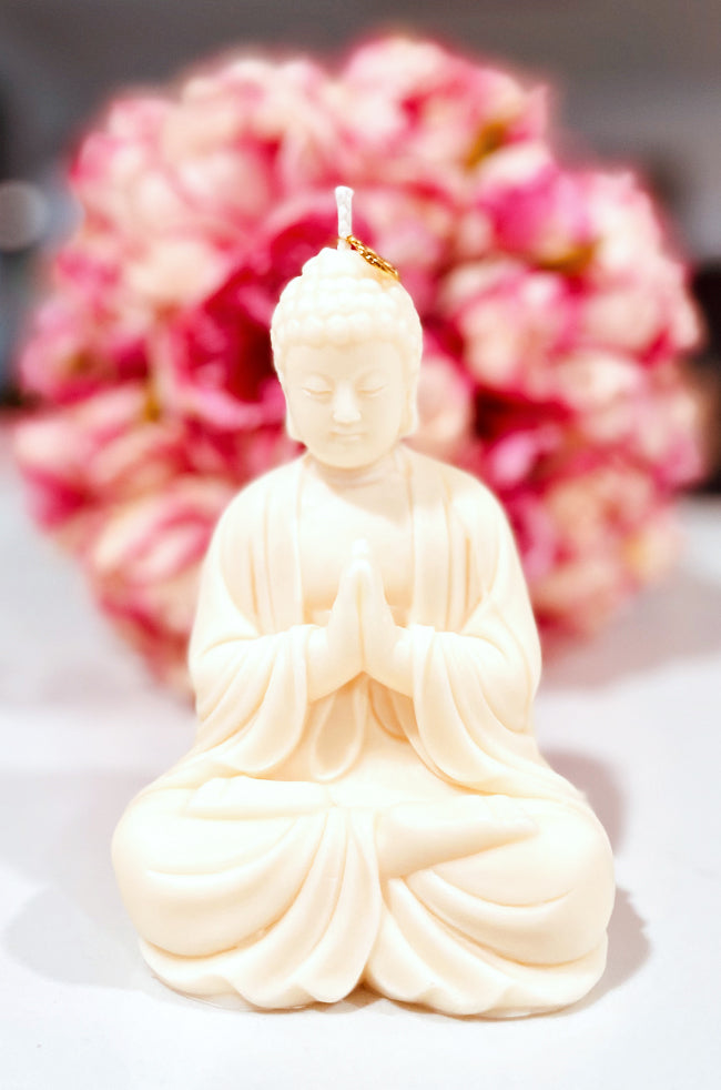 Anjali Mudra Buddha Candle: Handmade Anjali Mudra Buddha candle with lotus flower charm, artisan sculpted soy wax decor piece for luxury home styling and mindfulness spaces.