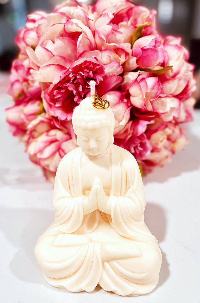 Anjali Mudra Buddha: Anjali Mudra Buddha candle with lotus flower charm, handcrafted soy wax sculpture for meditation decor and luxury minimalist home styling.