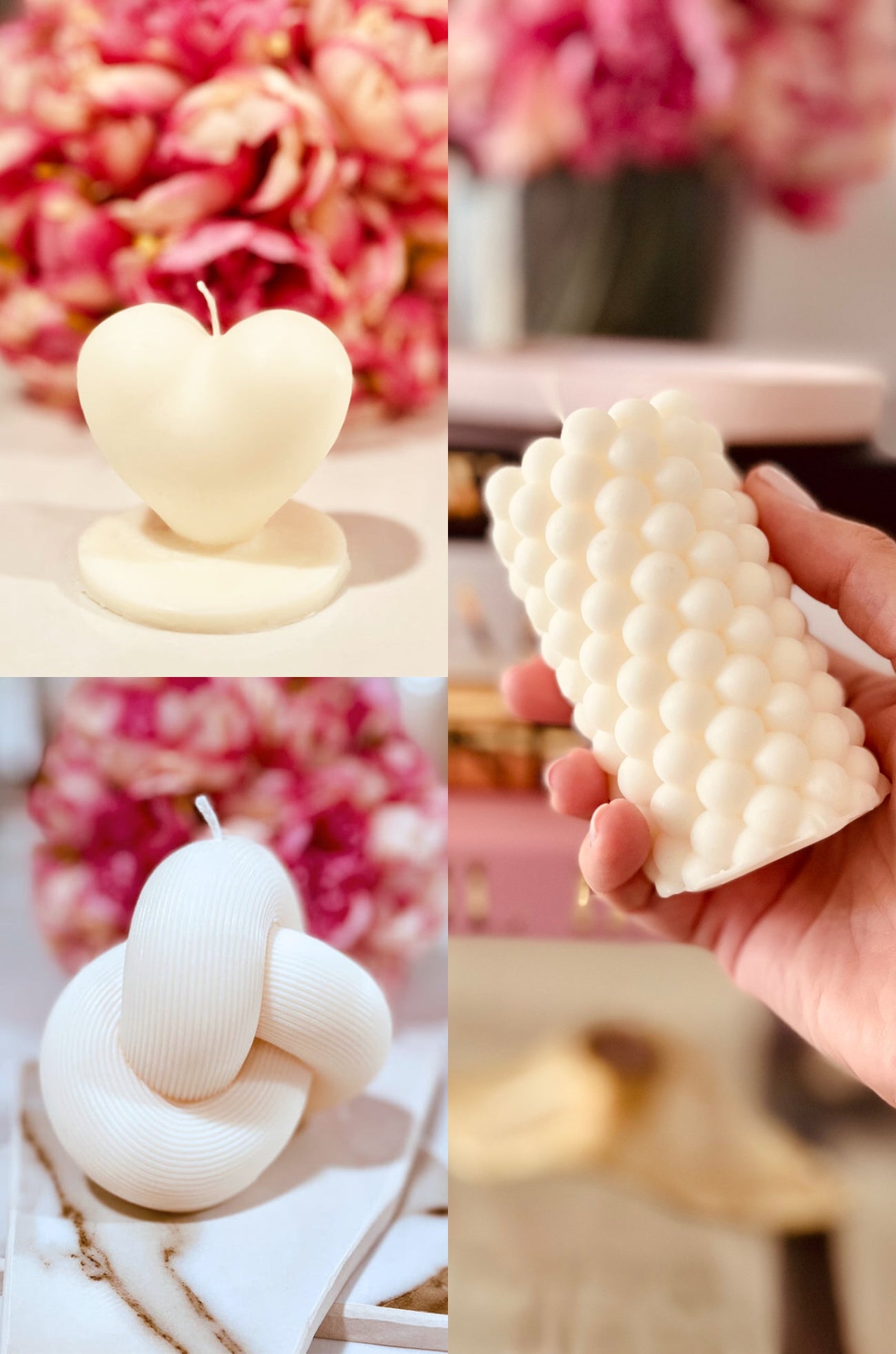 Collage of handmade sculptural candles including a heart-shaped candle, bubble cube candle, and modern knot candle, styled for Valentine’s Day with soft pink florals and minimalist decor.