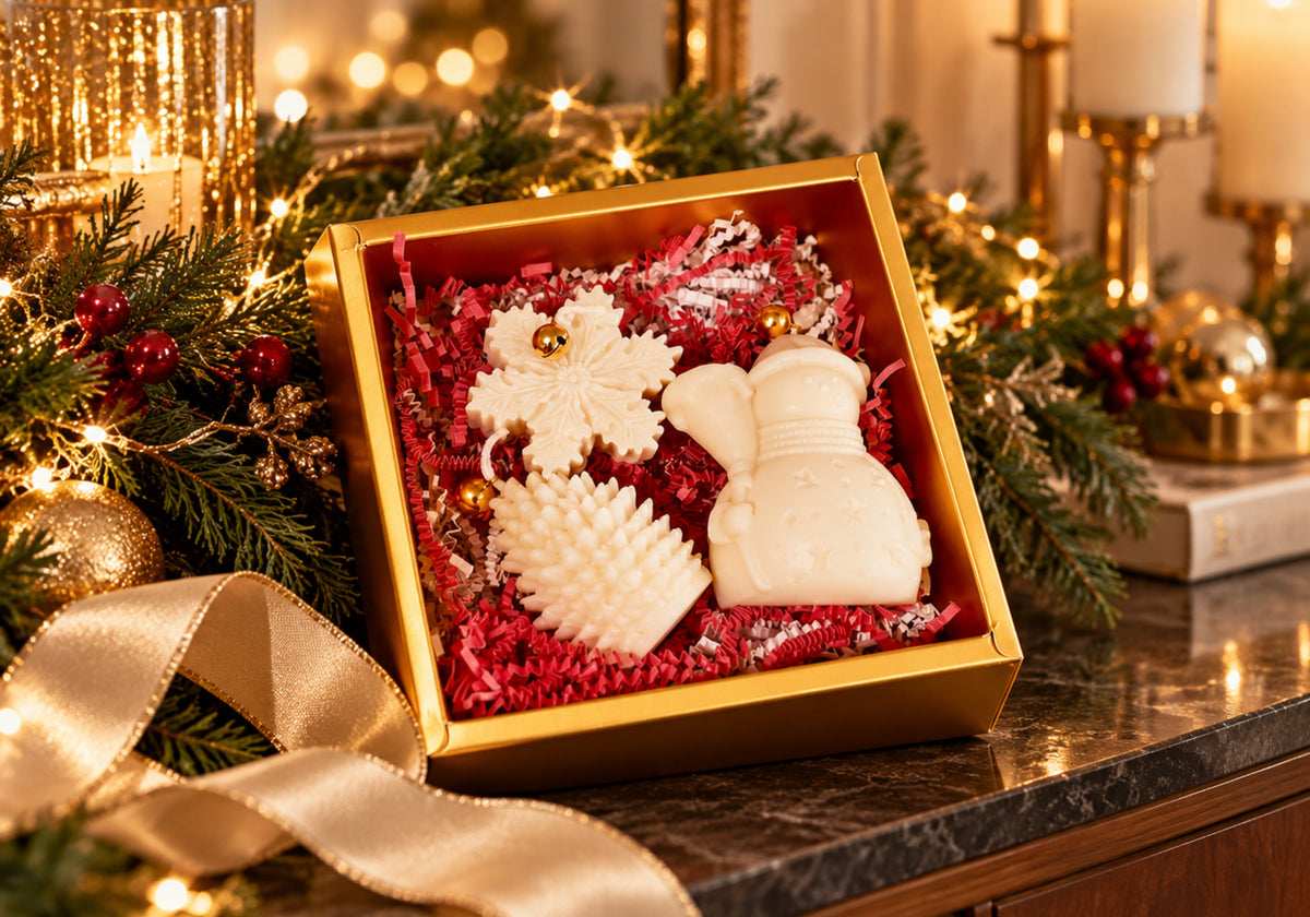 Christmas candle gift box styled with greenery, gold ribbon, and warm holiday lights.