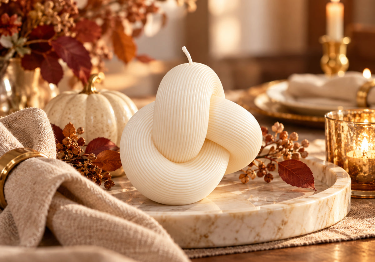 Ivory knot-shaped sculptural candle displayed on a marble tray with folded linen, autumn leaves, pumpkins, and subtle gold Thanksgiving accents.