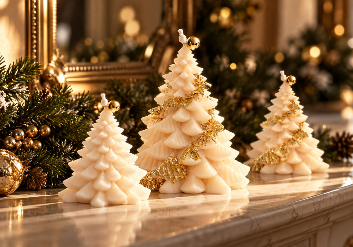 Ivory sculptural Christmas tree candles styled on a marble mantel with evergreen greenery and elegant gold accents.