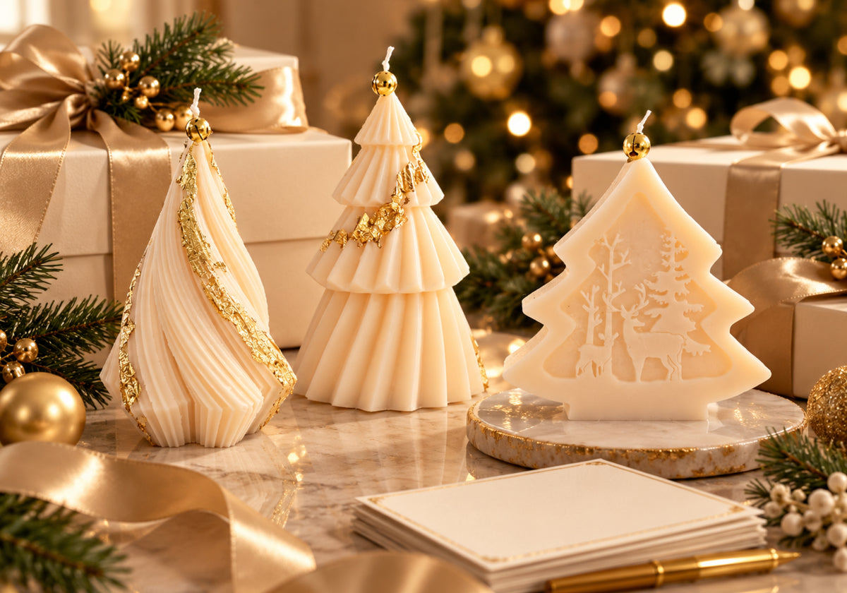 Three ivory sculptural Christmas tree candles with gold accents styled beside cream gift boxes, evergreen branches, satin ribbon, and blank thank-you cards.