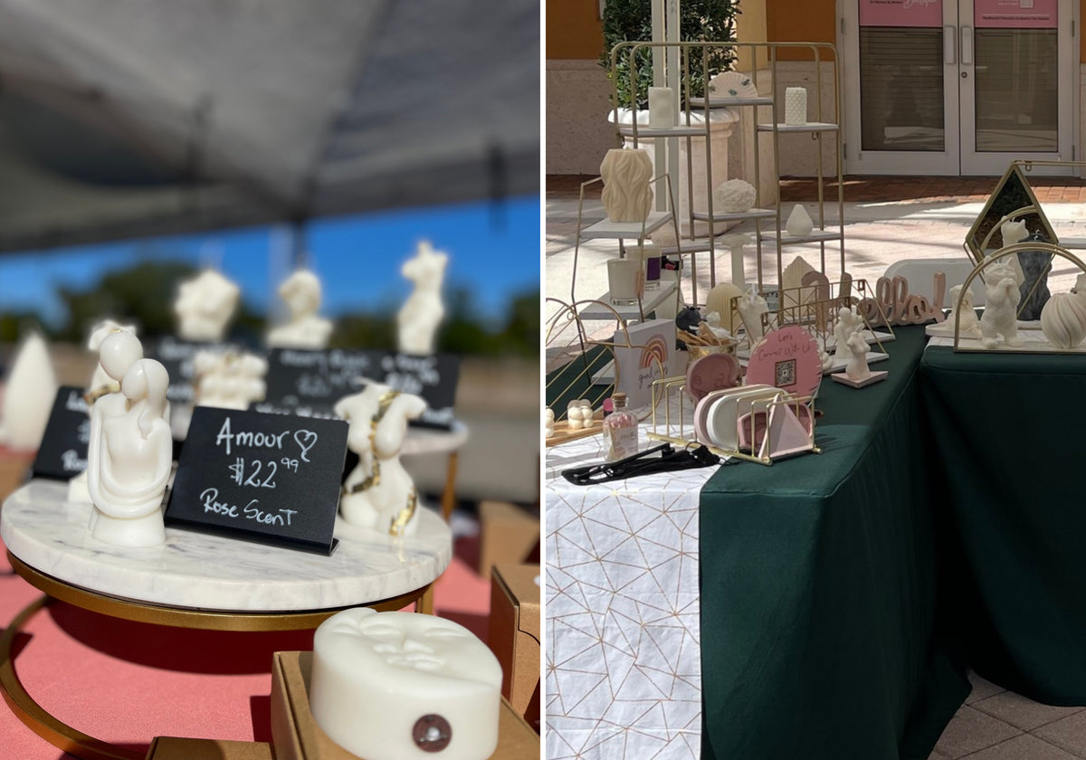 Dahil Bar market displays evolving from pink tablecloths and handwritten signs to green linens and gold shelving.