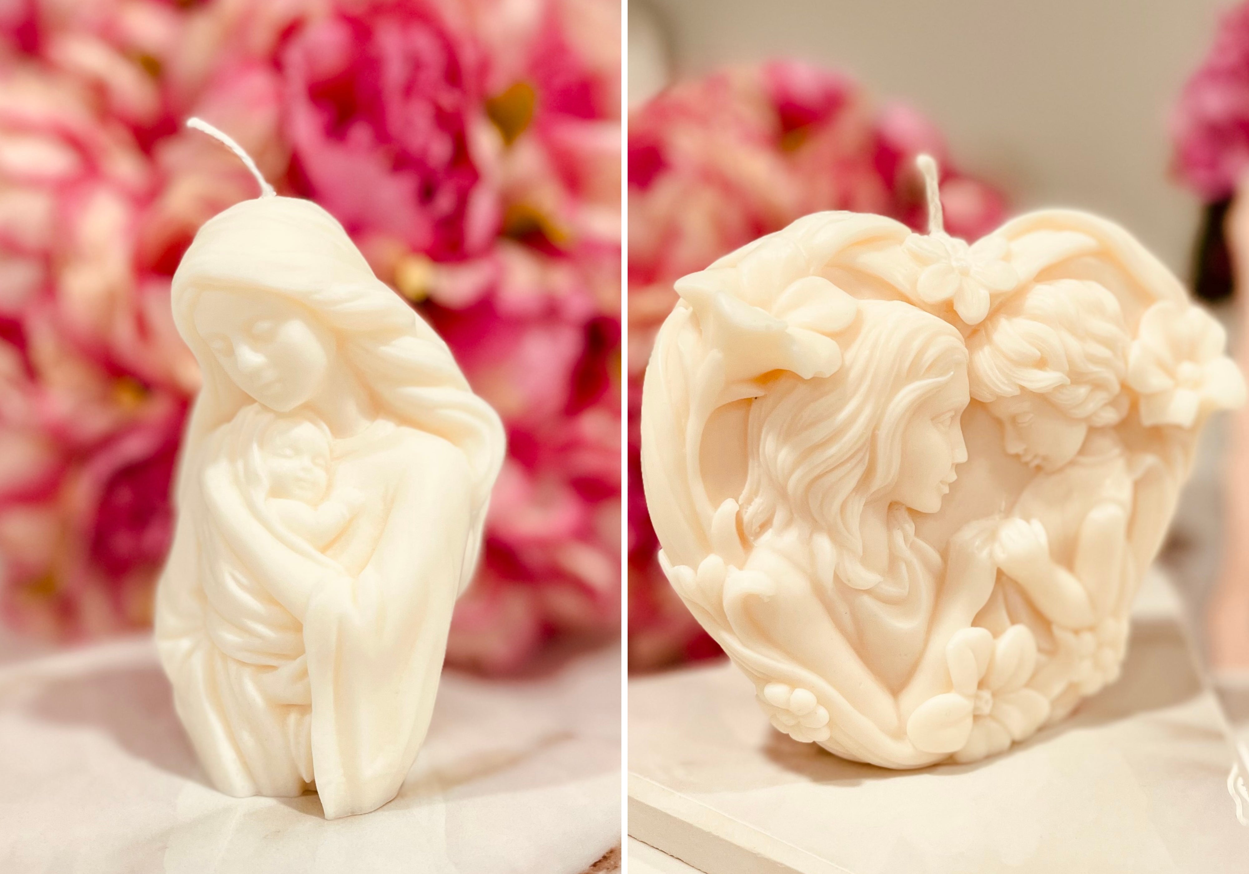 A split-view product photo of a sculpted candle. The left view shows the front of a cream-colored candle shaped like a woman holding a child, and the right view shows the back of the same candle with an embossed heart motif.