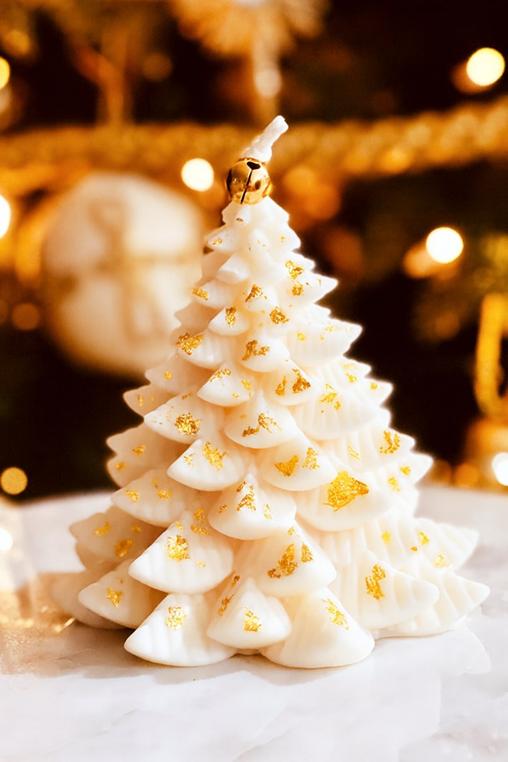 Fiery Tree Candle Large: Ivory sculptural candle shaped like a Christmas tree, topped with a small gold bell and decorated with gold flacks, styled in front of festive holiday lights.