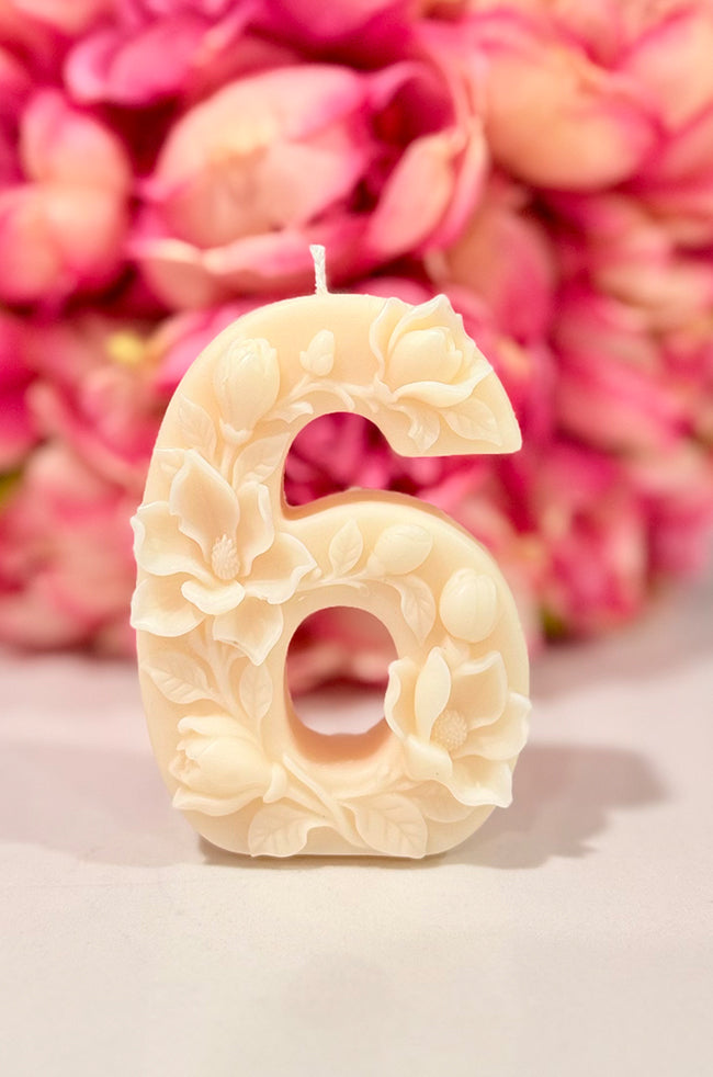 Floral Celebration Number Candle: Ivory floral number 6 celebration candle decorated with roses and delicate botanical details against a pink floral background.