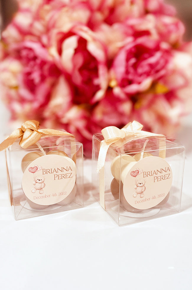 Mini Bubble Candle: Beige Mini Bubble candle favors in clear boxes with cream ribbons and teddy bear baby shower labels.