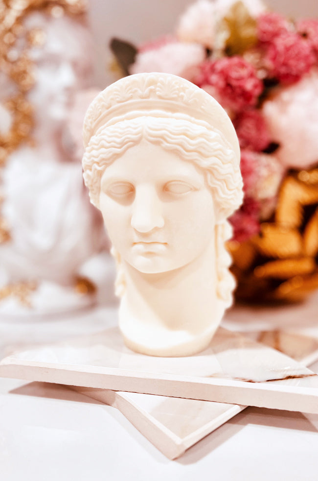 Mother of Olympians Candle: Front view of Dahil Bar’s Mother of Olympians candle, a Hera-inspired sculpted bust capturing divine grace and classical beauty.