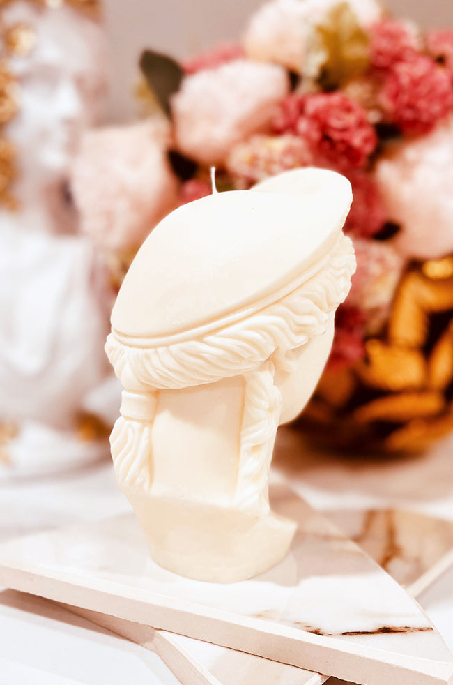 Mother of Olympians Candle: Back view of the Mother of Olympians candle emphasizing its classical silhouette and handmade sculptural artistry.