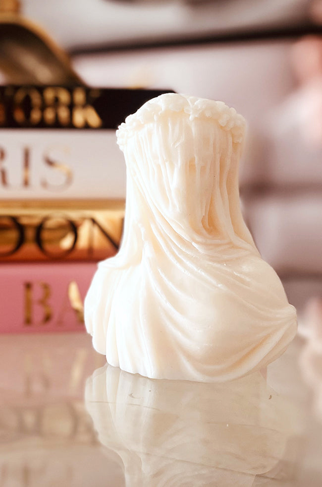 The Veiled Maiden Candle: Handmade sculptural candle inspired by the Veiled Virgin statue, featuring intricate draped detailing, perfect for luxury home décor and minimalist styling.