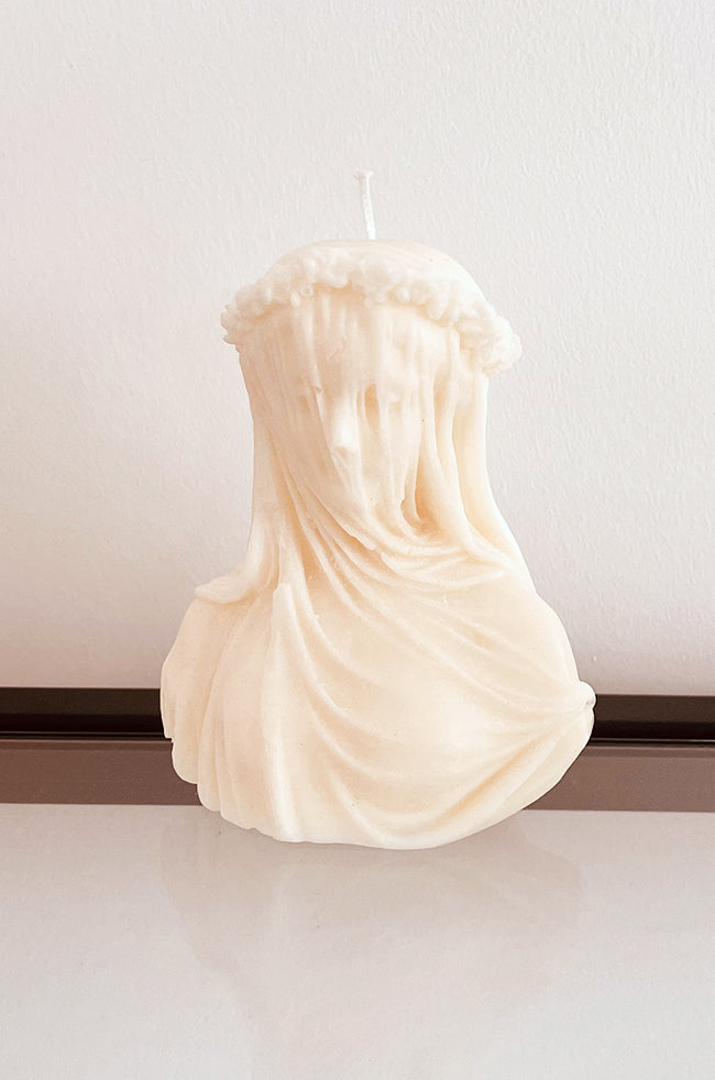 The Veiled Maiden Candle: Handmade candle inspired by the Veiled Maiden sculpture, featuring delicate draped details for luxury minimalist home décor.