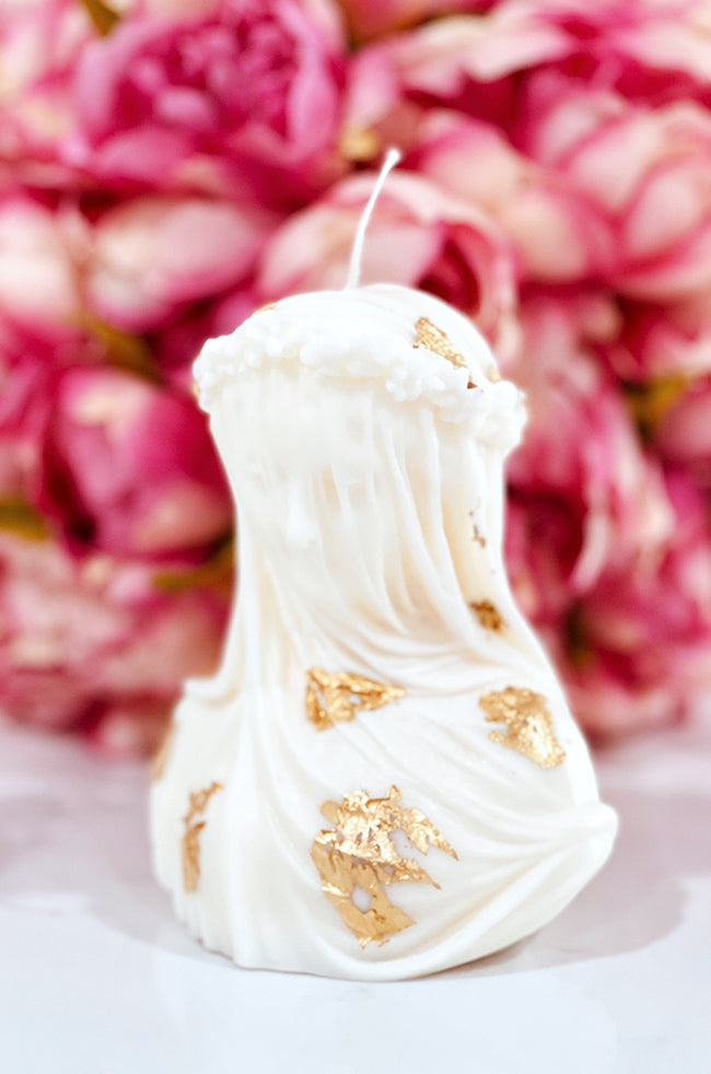 The Veiled Maiden Candle: Handmade Veiled Maiden candle with gold leaf accents, sculpture-inspired design for luxury home décor and minimalist styling.